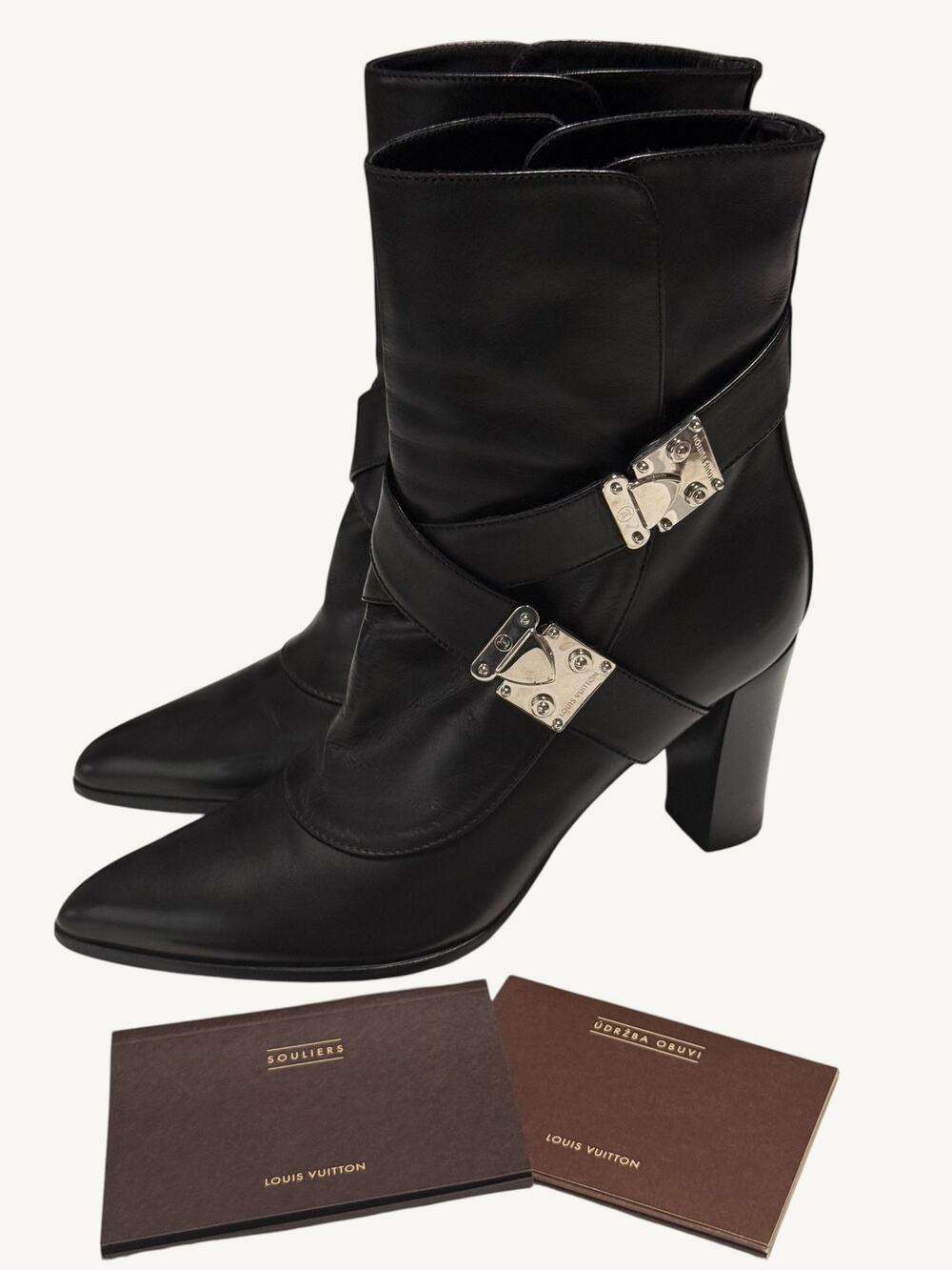 Louis Vuitton S-Lock Criss Cross  Black Calfskin Leather Ankle Boots Size 37